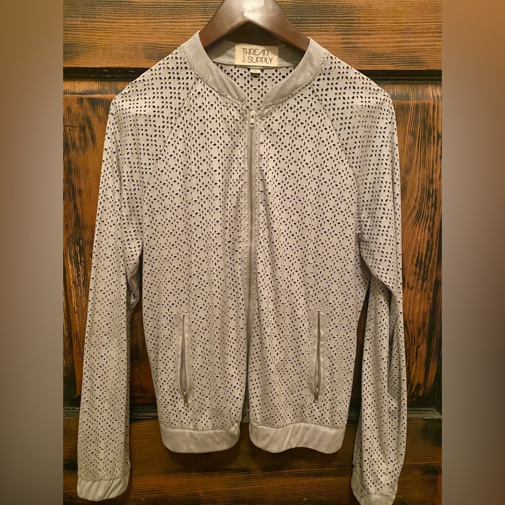 Thread & Supply Gray Suede Bomber Jacket Floral Cut Out